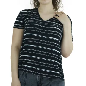 Women's Striped V-neck Casual Top,Black