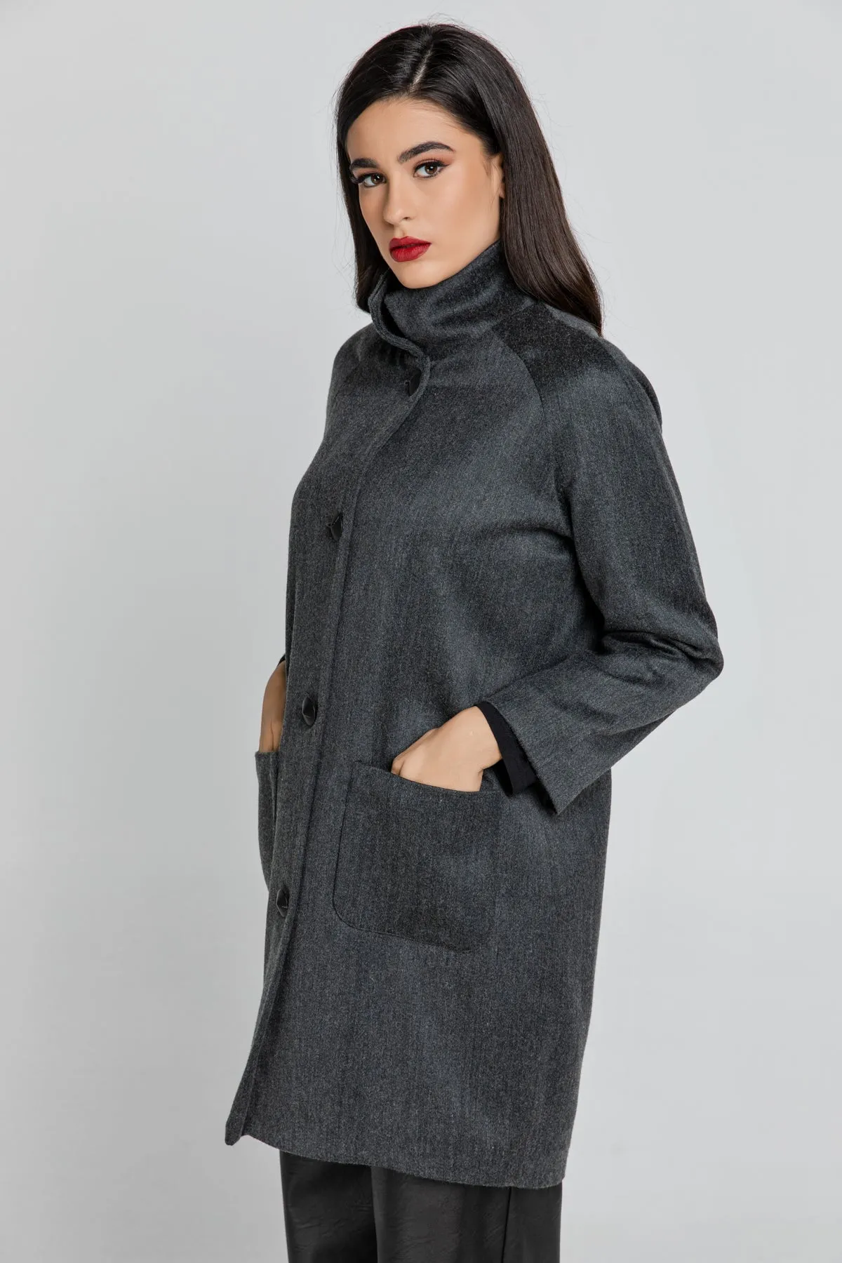 Wool Blend Dark Grey Coat By Conquista Fashion