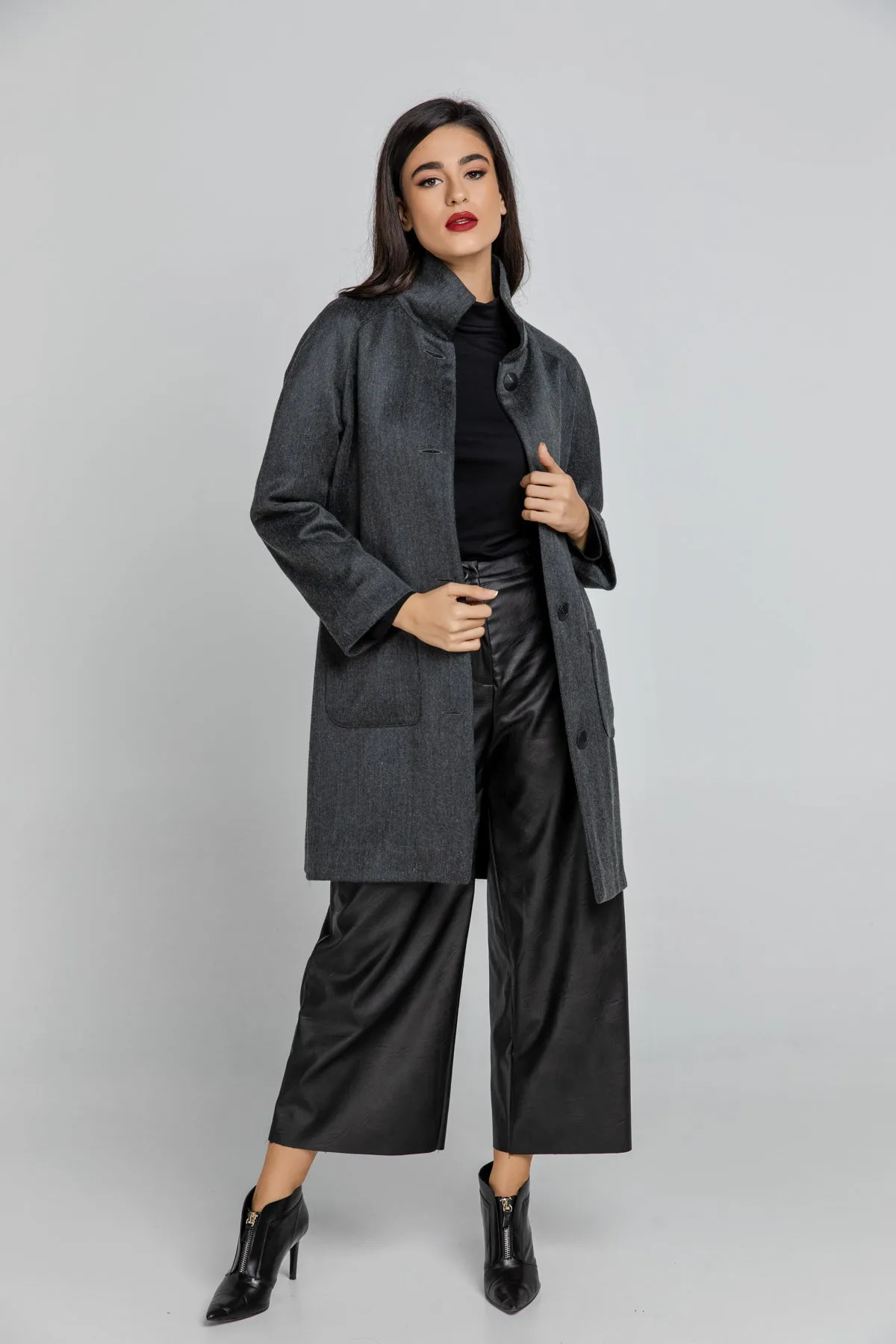 Wool Blend Dark Grey Coat By Conquista Fashion