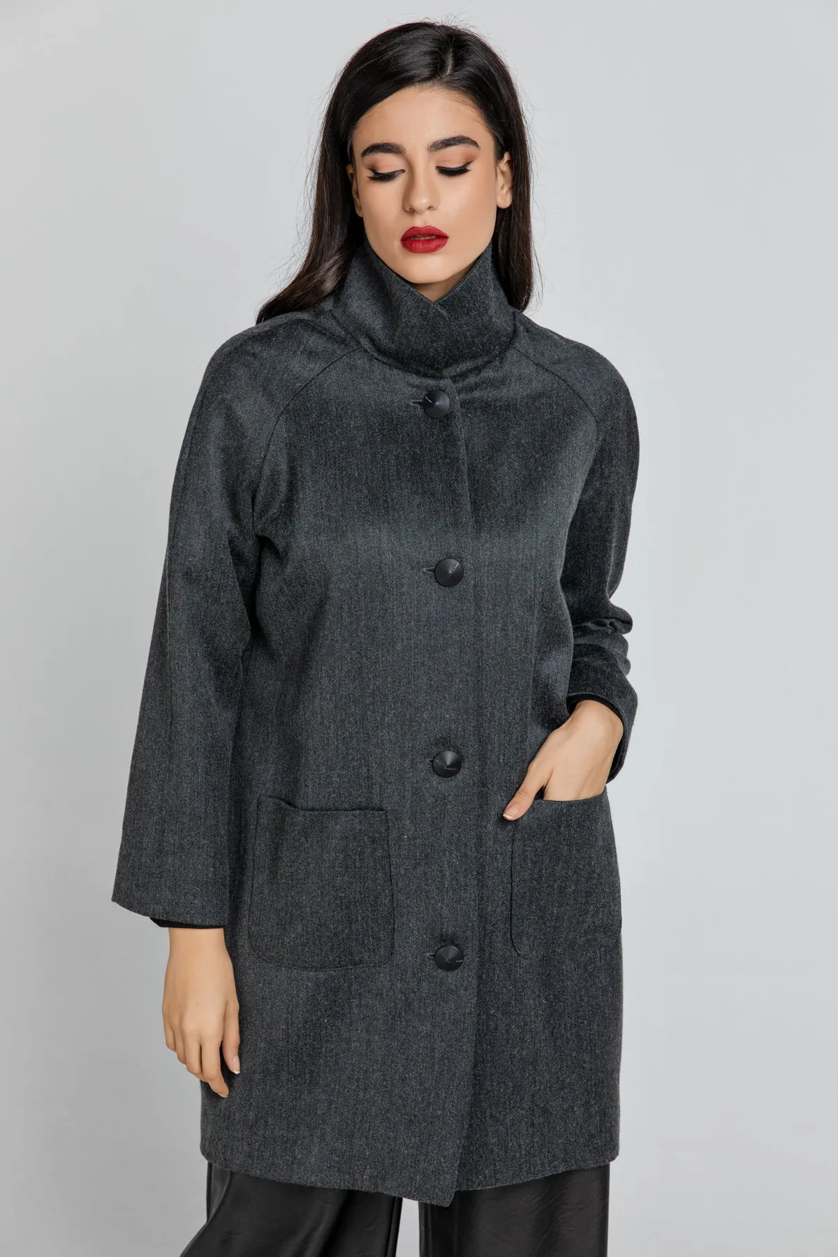 Wool Blend Dark Grey Coat By Conquista Fashion