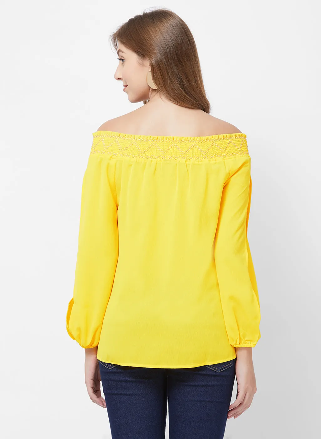 Yellow Off Shoulder Top With Slit Sleeves