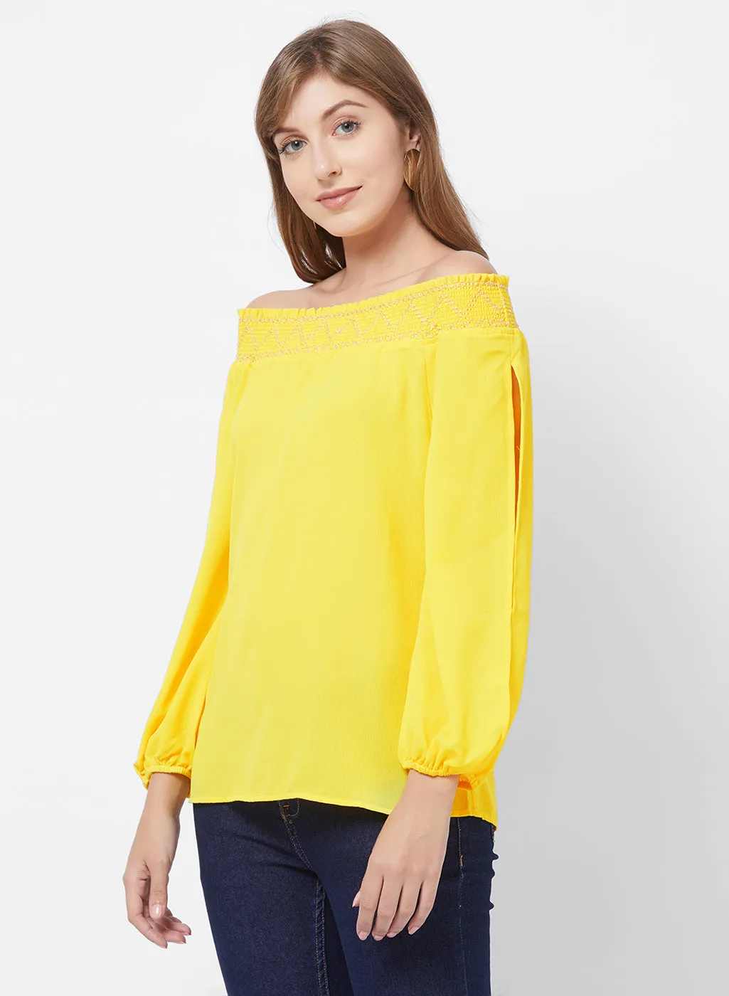 Yellow Off Shoulder Top With Slit Sleeves