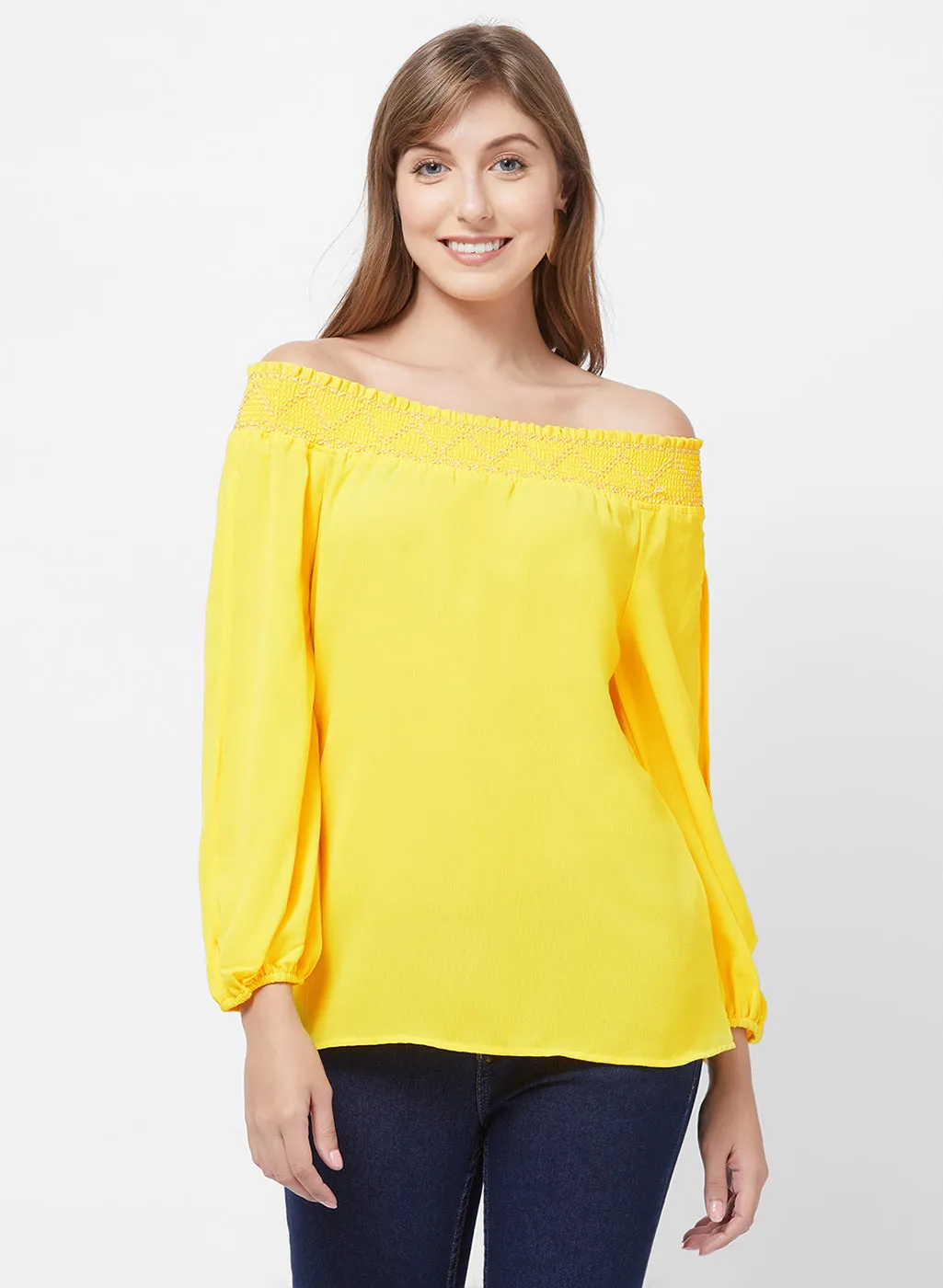 Yellow Off Shoulder Top With Slit Sleeves