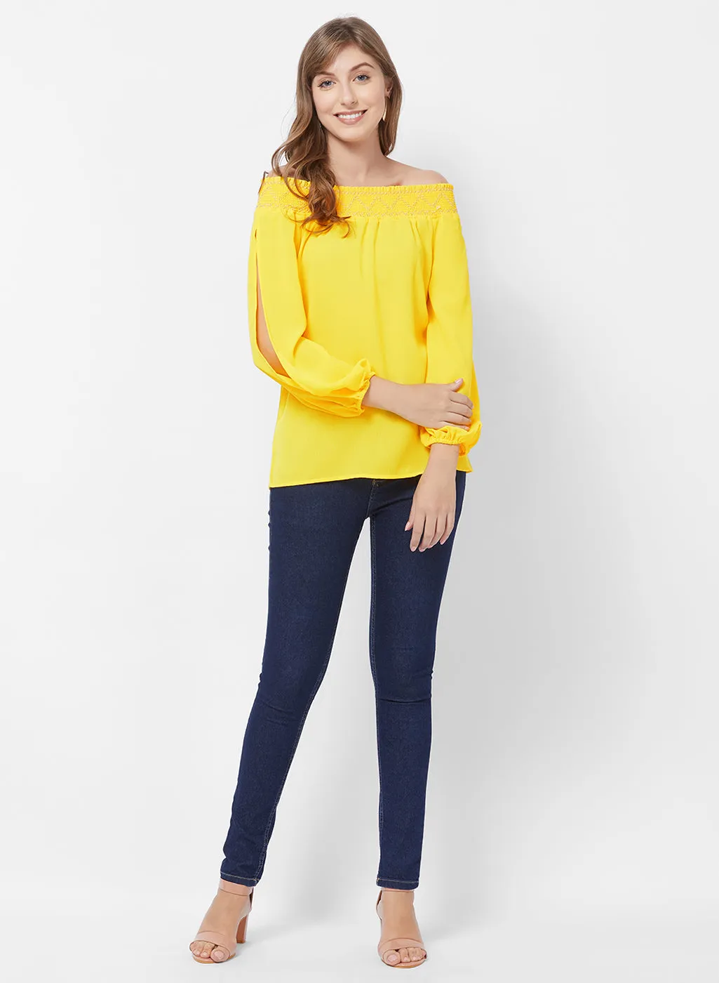 Yellow Off Shoulder Top With Slit Sleeves